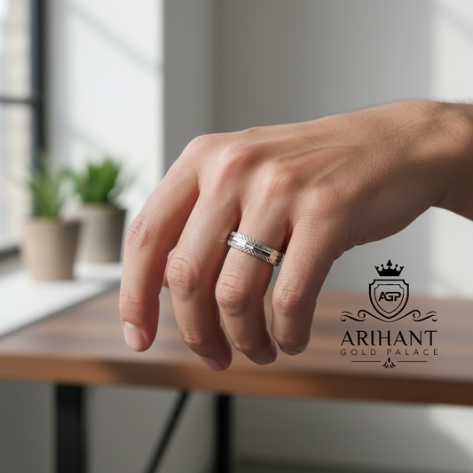 Textured 925 Silver Band Ring for Men – Diamond-Cut Finish