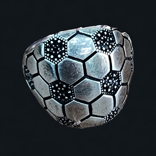 "Turkish Black Diamond Soccer Ensign Silver Ring"