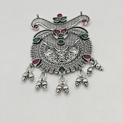 Oxidized Silver Pendant with Green and Pink Gemstone