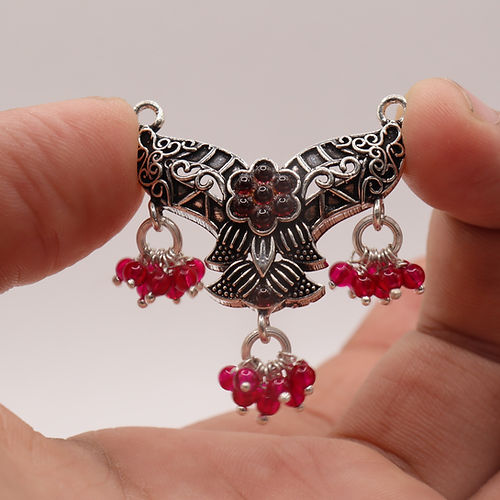 Ornate Antique Silver Pendant with Ruby Bead Charms