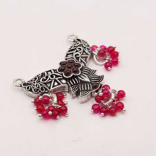 Ornate Antique Silver Pendant with Ruby Bead Charms