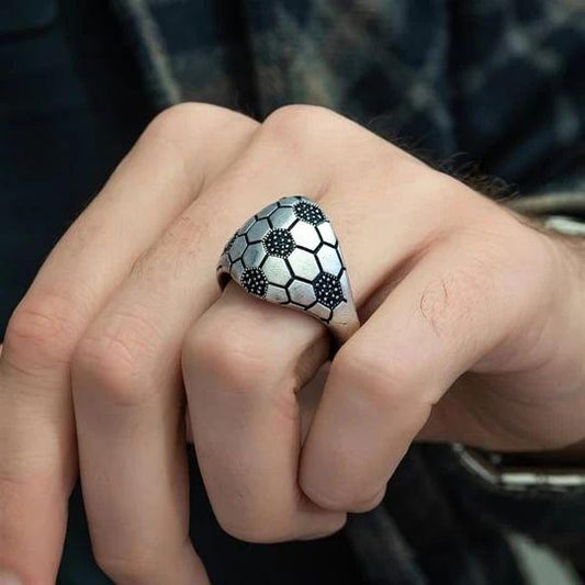 "Turkish Black Diamond Soccer Ensign Silver Ring"