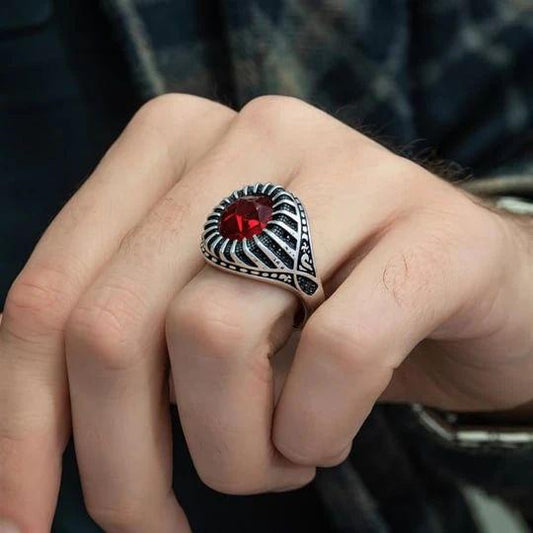 Turkish Ruby Crest Men's Silver Ring